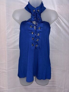 VENUS Cobalt Blue Lace-Up Cold-Shoulder Long Sleeve Top